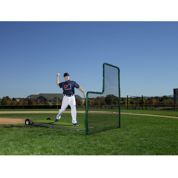 Collegiate Batting Practice Pitching Platform With Wheels Side View with Player Behind the L Screen