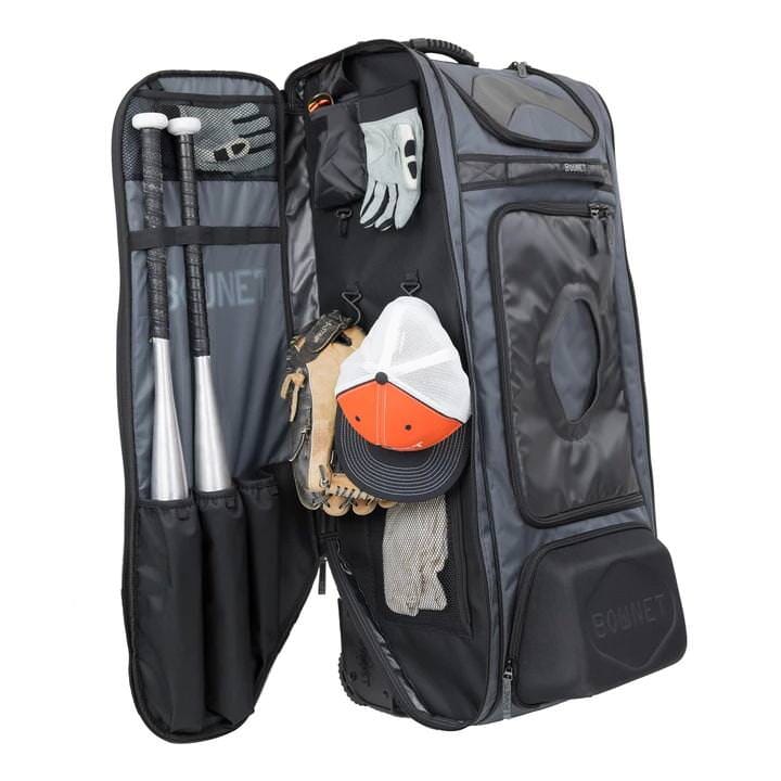 The Commander Catcher's Bag for Baseball Side Divider Open with Equipment