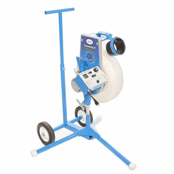 Jugs Changeup Super Softball Pitching Machine Angled View With Transport Cart
