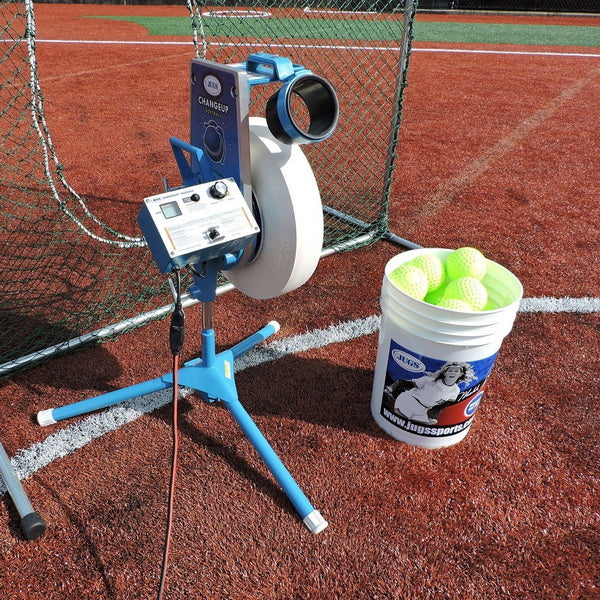 Jugs Changeup Super Softball Pitching Machine Perspective View on the Field