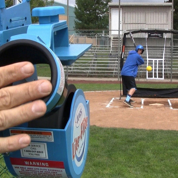 Jugs Lite-Flite Baseball Softball Combo Pitching Machine Close Up In Practice