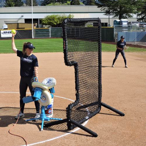 Jugs SP3 Softball Pitching Machine and Player Behind And L Screen