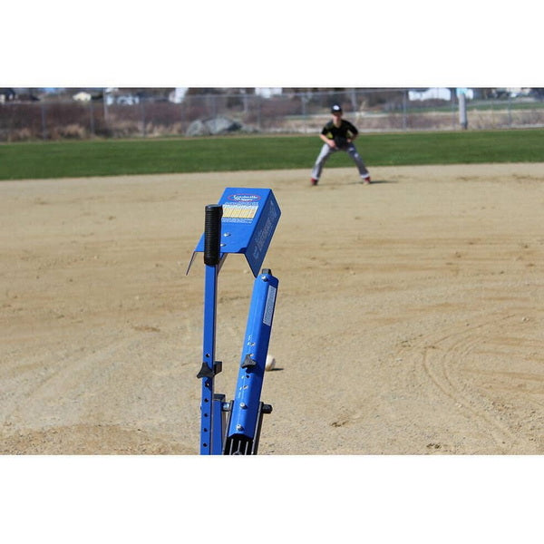 Louisville Slugger Blue Flame Pitching Machine - UPM45 On The Field With Catcher