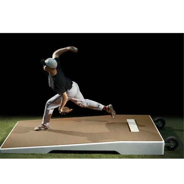 Pitch Pro 516 Pitching Platform with Wheels Side View With Player