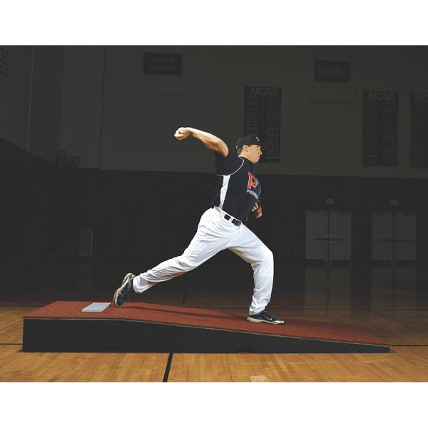 ProMounds 10" Pro Portable Indoor Pitching Mound Clay Side View With Player Throwing Ball