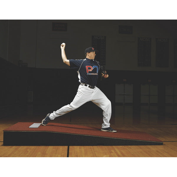 ProMounds 10" Pro Portable Indoor Pitching Mound Clay Side View With Player Throwing Ball