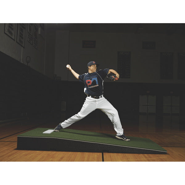 ProMounds 10" Pro Portable Indoor Pitching Mound Green Side View With Player Throwing Ball